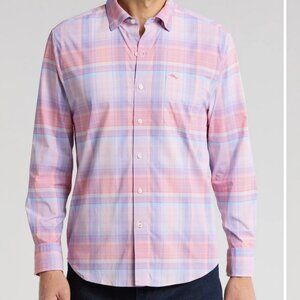 NWT Tommy Bahama Siesta Key Plaid Button Up SPF Pink Purple Shirt Men L